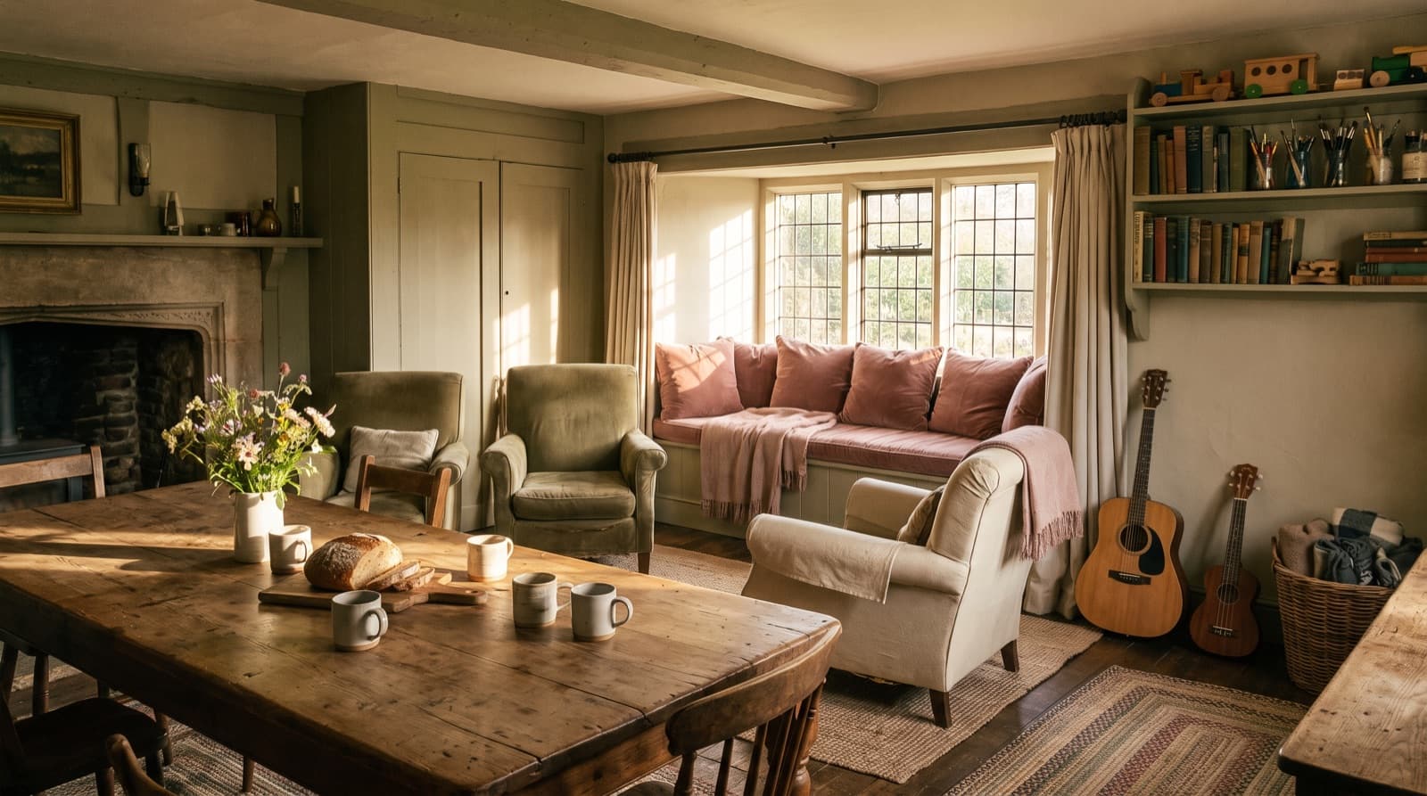 A warm, light-filled common room with a wooden table, soft armchairs, a window seat, and instruments, arranged as a welcoming gathering space