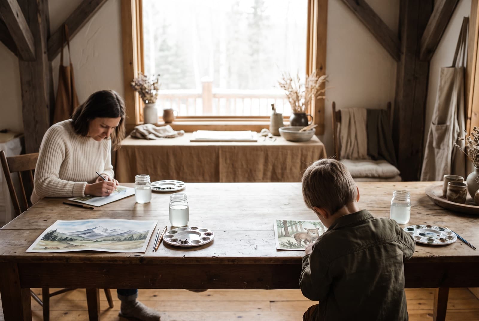An adult and a child painting their own separate watercolors, side by side at a sunlit worktable in a historic lodge studio