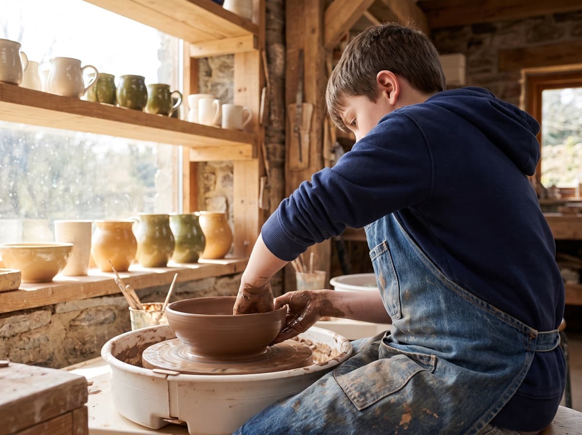 A middle school aged child shaping a clay bowl on a pottery wheel beside shelves of ceramics in a warm lodge studio