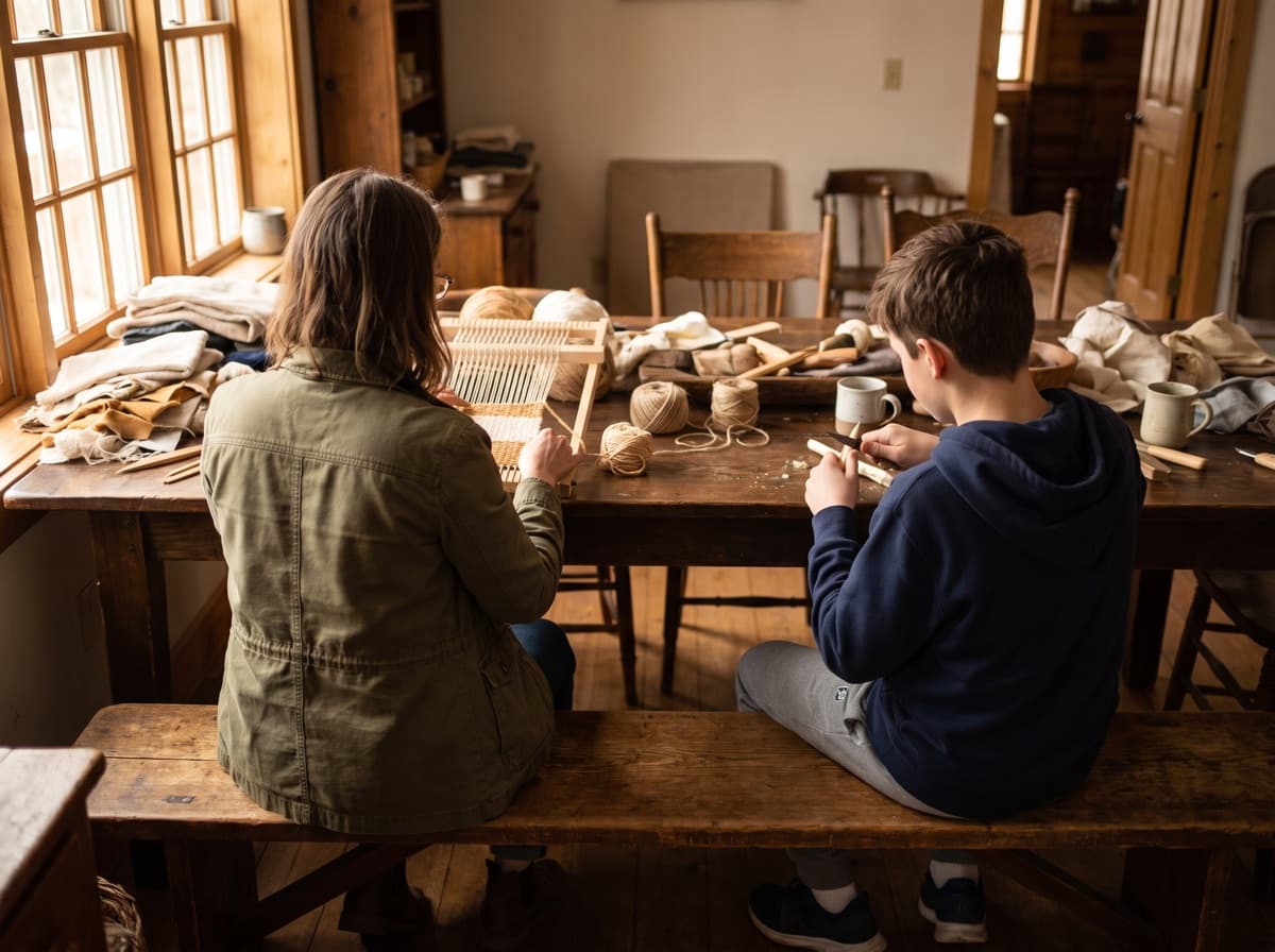 A mentor and a middle school aged child working on their own separate craft projects side by side at a wooden table, seen from behind