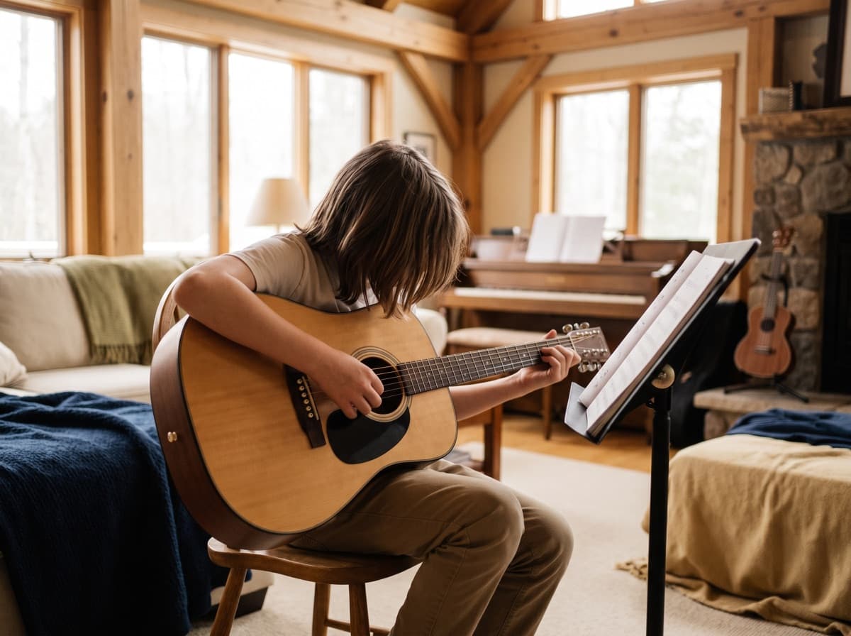 A middle school aged child playing an acoustic guitar beside a music stand, a ukulele and an upright piano in a sunlit lodge studio