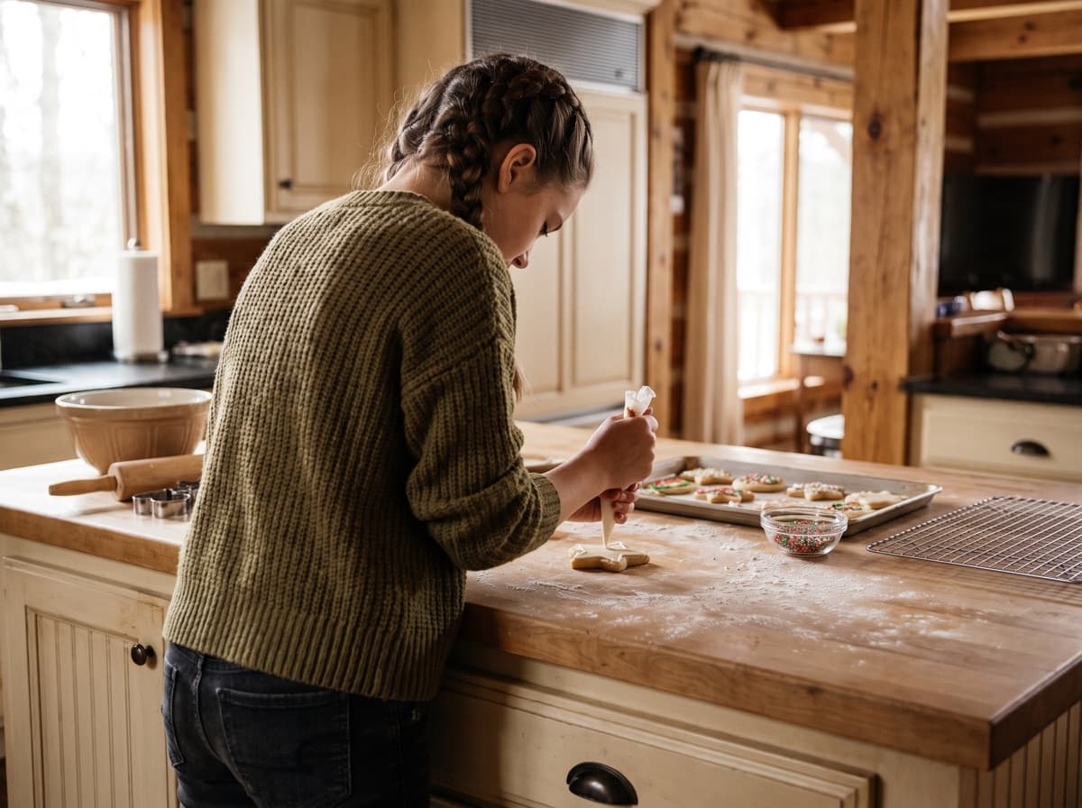 A girl piping icing onto a cut-out sugar cookie at a wooden counter in a lodge kitchen, a tray of finished cookies and a bowl of sprinkles beside her