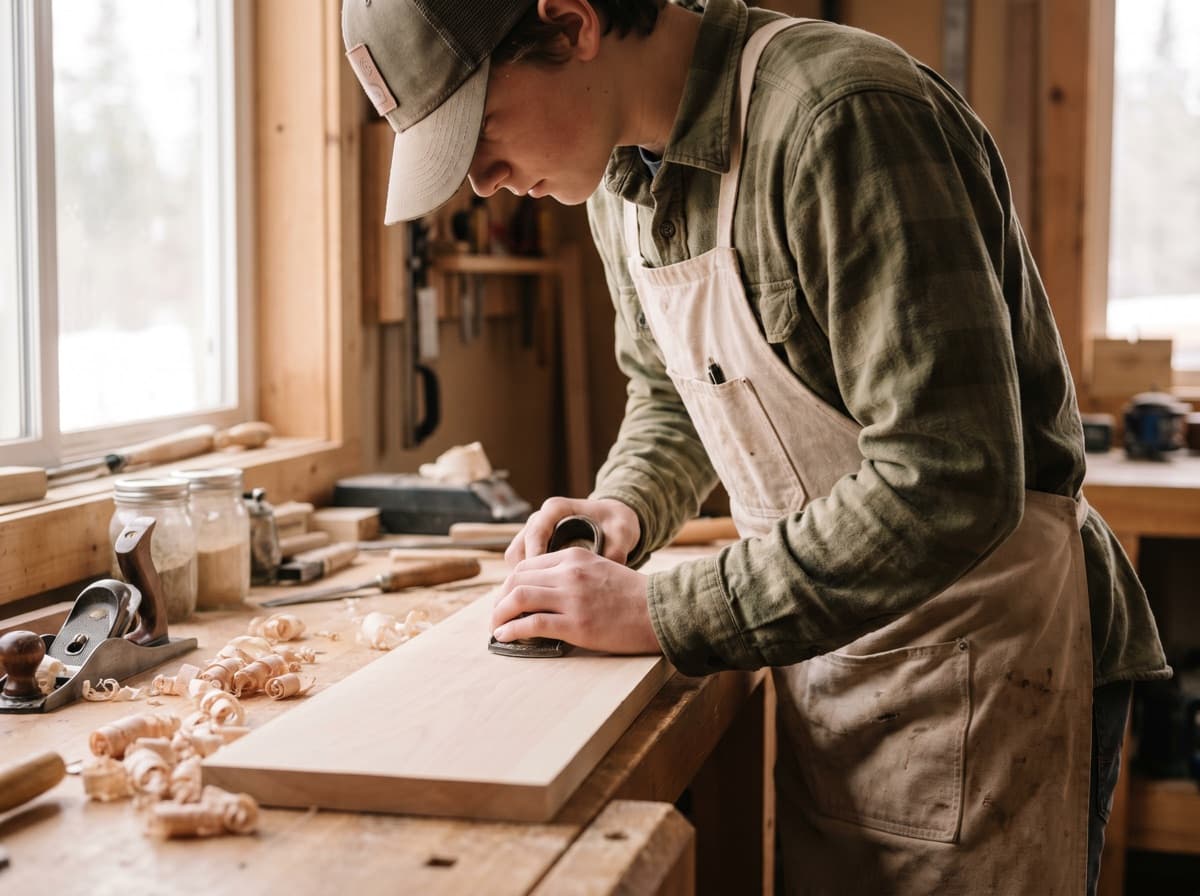 A teenager sanding a smooth wooden board at a workbench in a warm lodge workshop