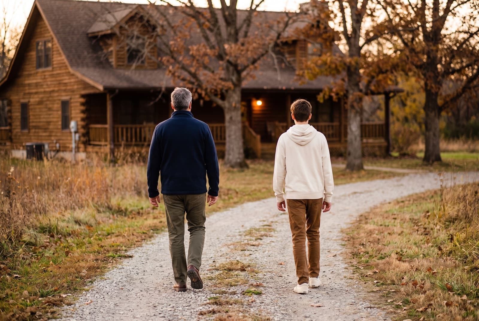 A caring adult and a teenager walking side by side along a path toward a warm historic lodge, seen from behind