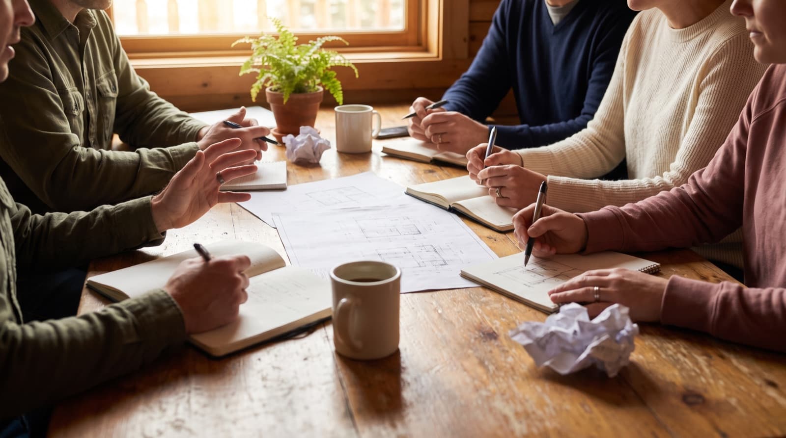 Several adults gathered around a wooden table, collaborating over notebooks and plans in a warm lodge room
