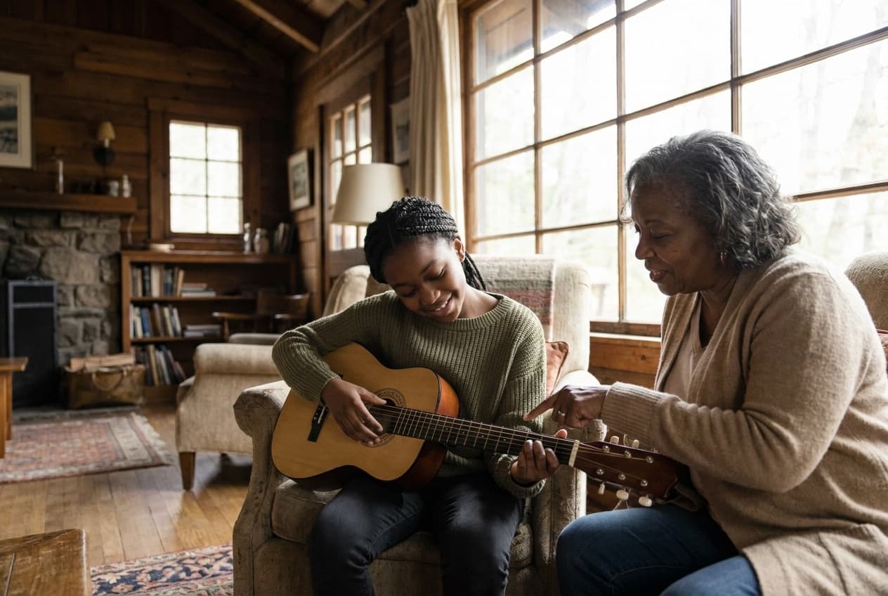 A girl learning to play guitar beside an encouraging mentor in a warm, sunlit room