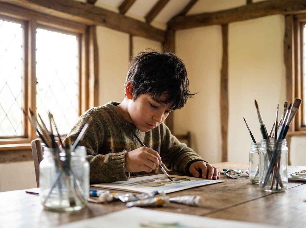 A boy painting with watercolors at a wooden table