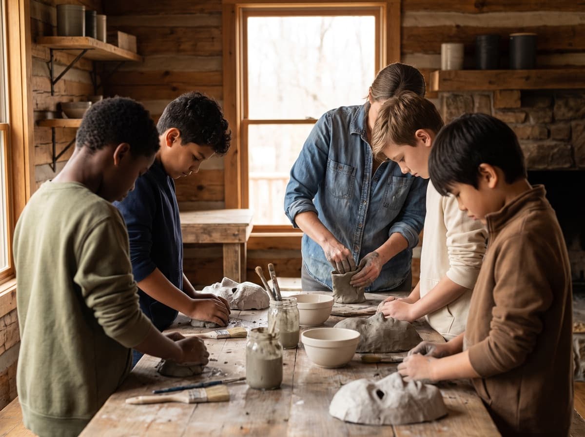 A group of children of mixed ages working with clay and papier-mache masks around a messy art table, with an adult volunteer working alongside them