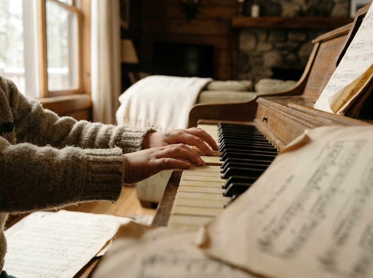 A child's hands learning to play an upright piano
