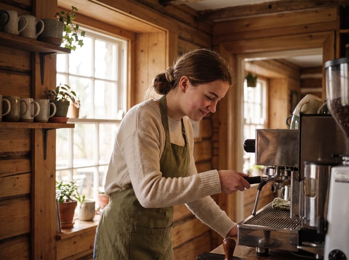 A teenager learning to make coffee at an espresso machine