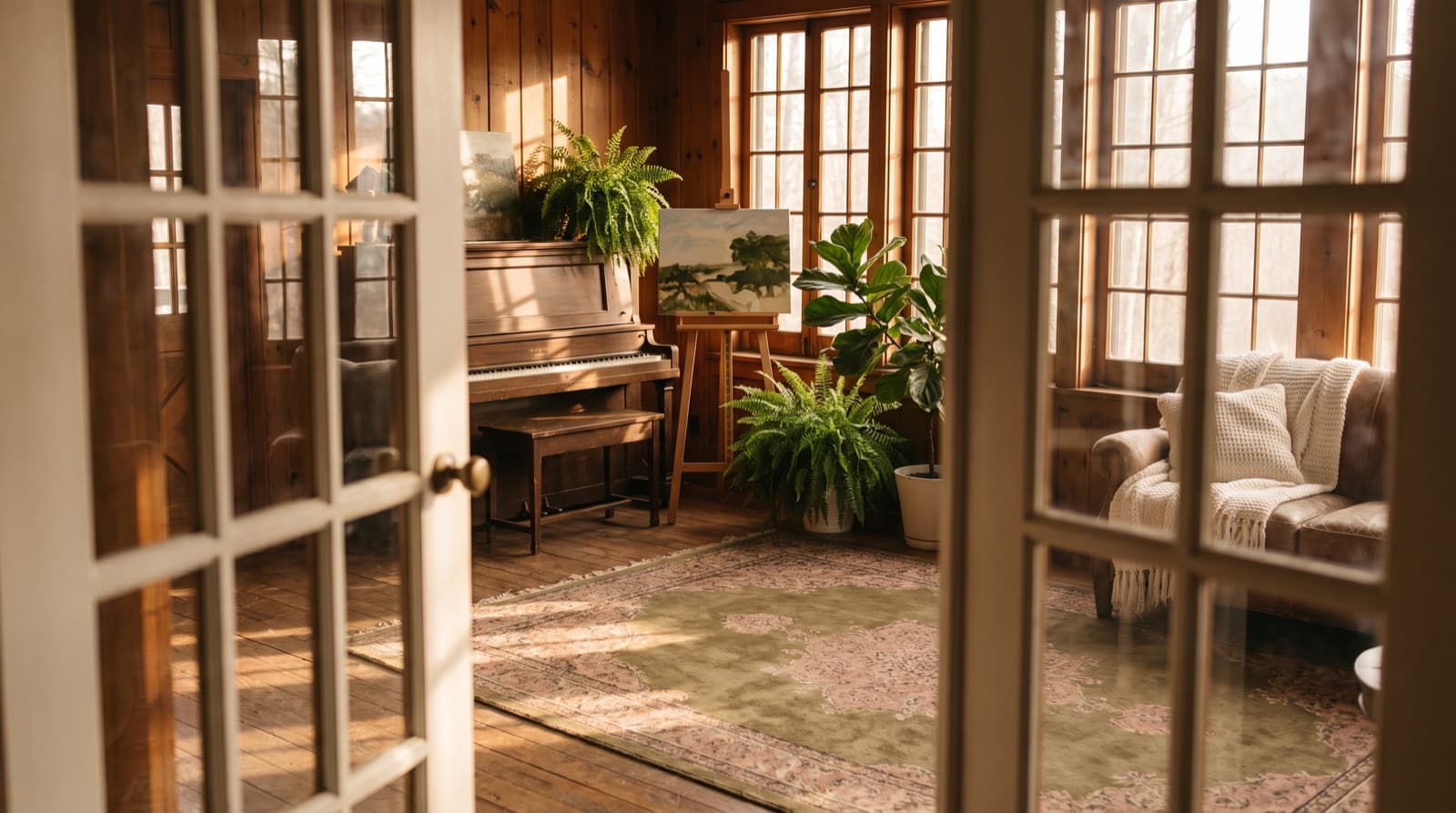 A music and art studio inside a historic lodge, seen through open glass-paned doors, with an upright piano, an easel, and warm afternoon light