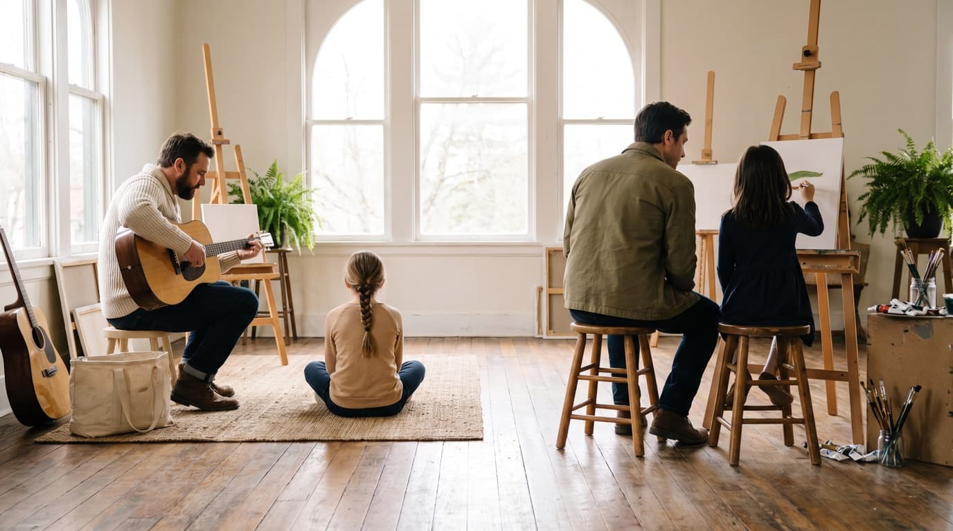 A bright studio room where an adult plays guitar with a child listening nearby, and another adult sits beside a girl painting at a standing easel